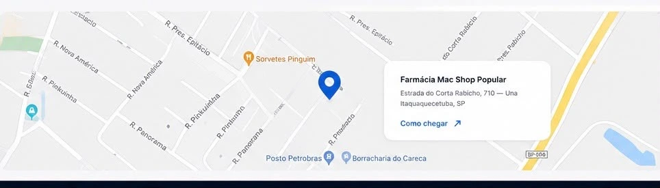 Mapa do Google Maps mostrando a localização da Farmácia Mac Shop Popular em Itaquaquecetuba, SP